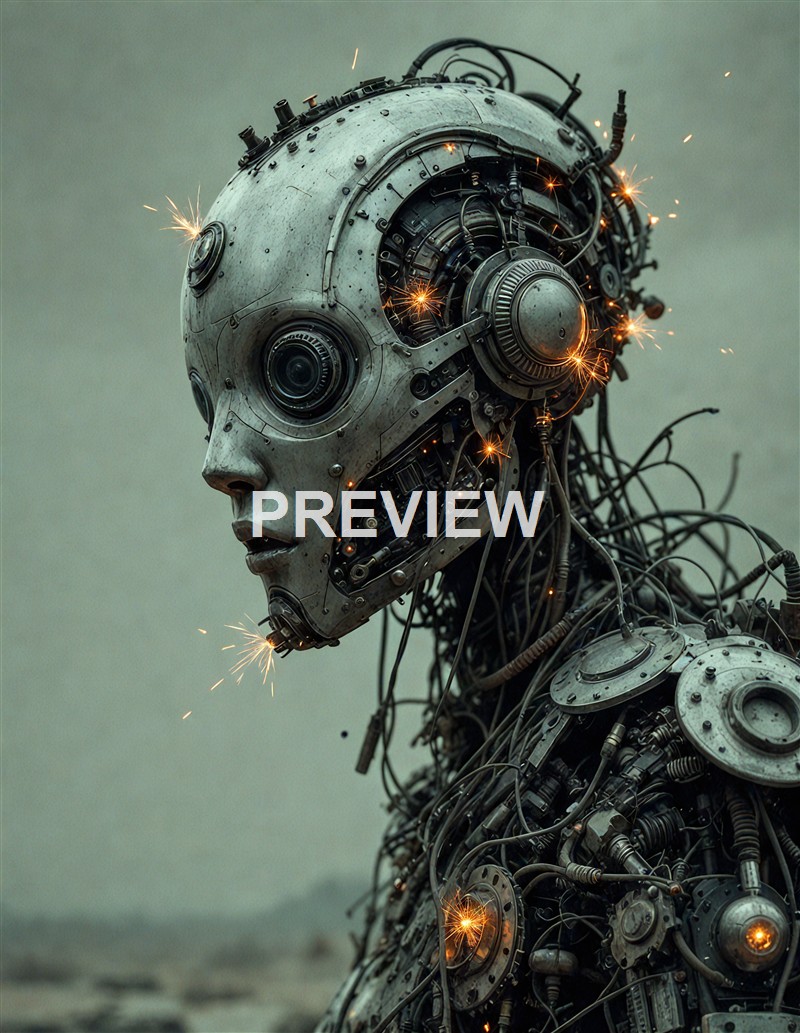 A humanoid robot with a metallic, mechanical face and intricate wiring, emitting sparks and set against a muted background.